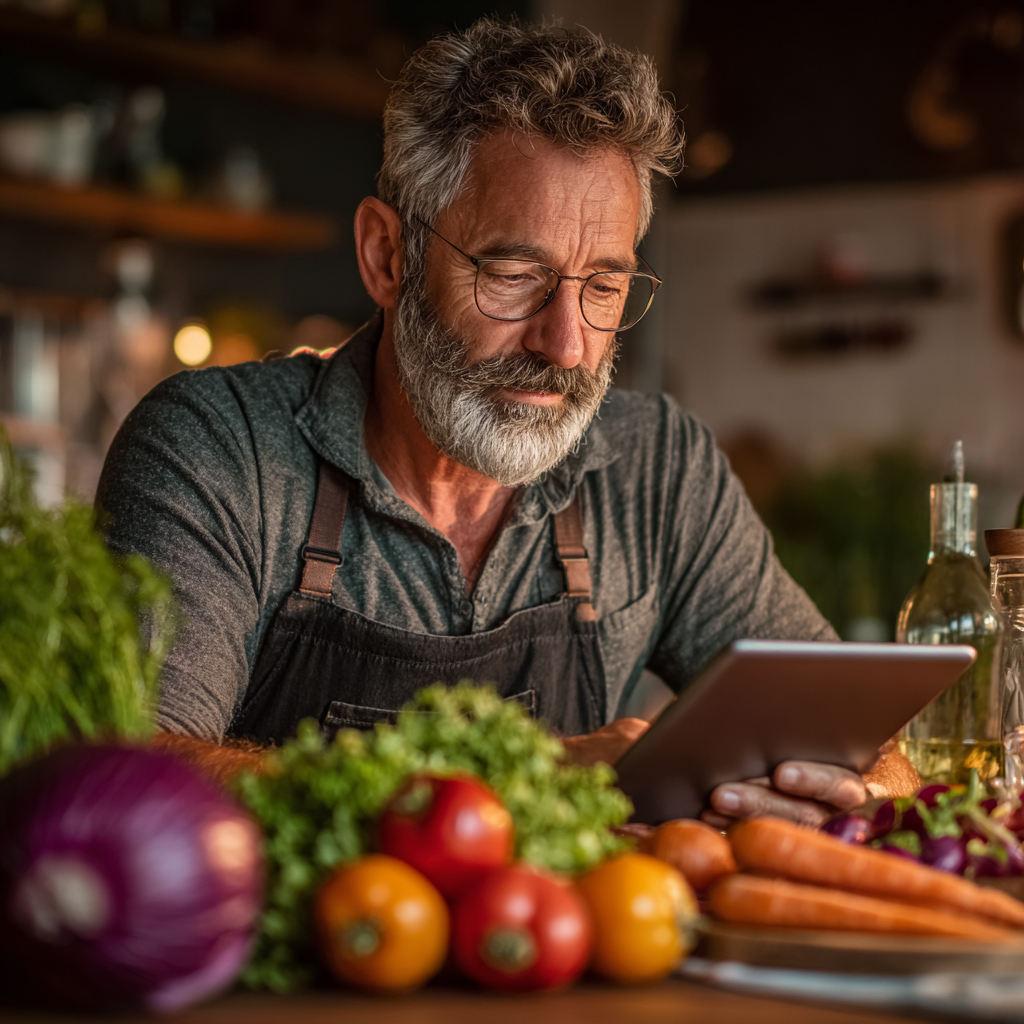 Чоловік 58 років переглядає план харчування на планшеті, сидить за столом з корисними продуктами