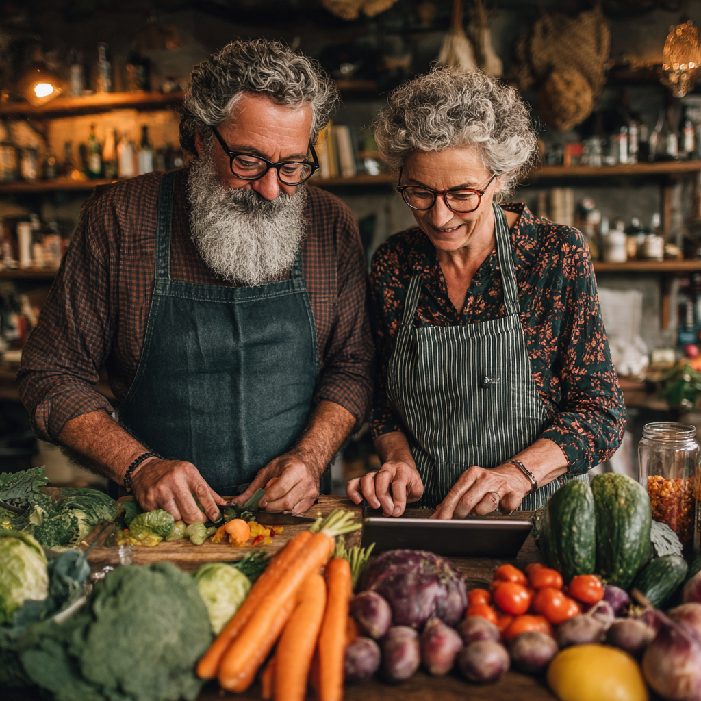 Пара 52 та 57 років готує разом за рецептом з додатку, на столі лежать свіжі овочі та фрукти
