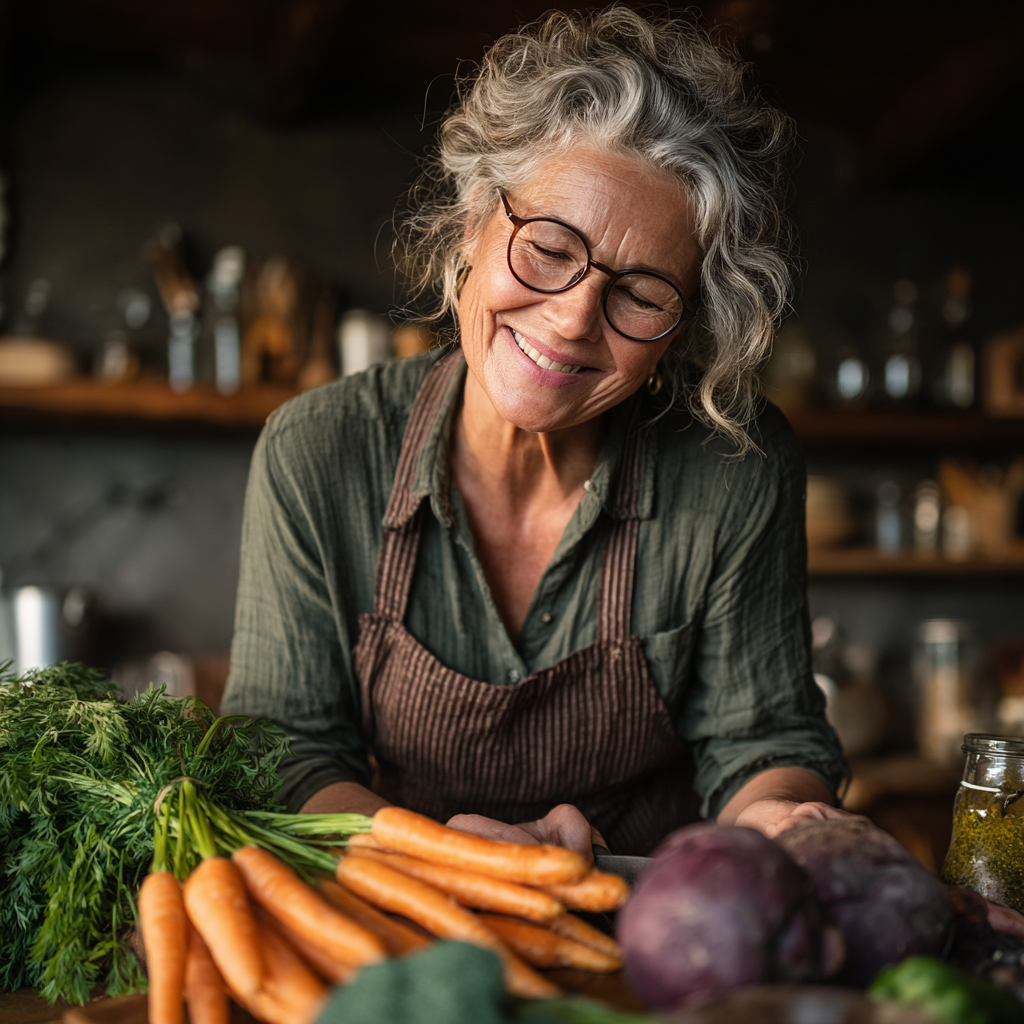 Жінка 55 років готує здорову їжу на кухні, усміхається та тримає свіжі овочі
